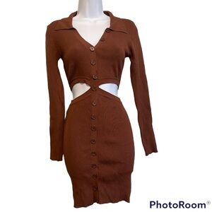 Hera Collection Brown Collared Button Up Cut Out Dress | Medium